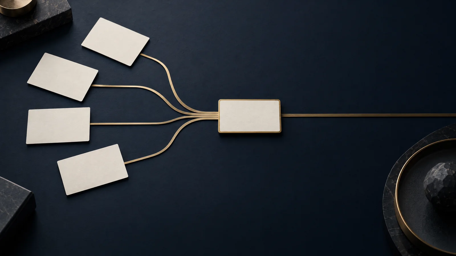 Several blank cards converging into one ordered brass-edged card on a dark navy tabletop, representing the removal of duplicate administration.