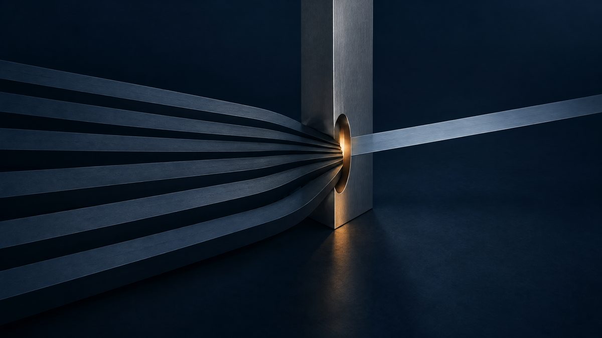 Abstract dark-navy editorial illustration of several business-process lines passing through one narrow constraint point.