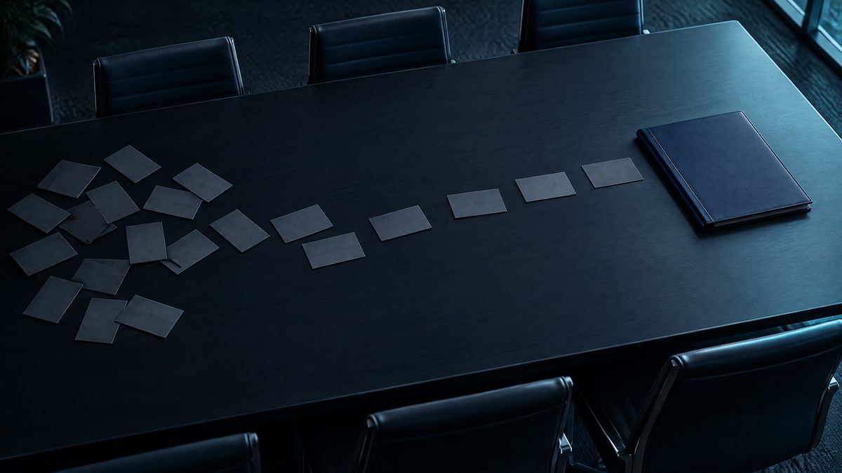 Unoccupied dark-navy boardroom table with blank planning cards arranged from a loose cluster into a clear pathway toward a closed folder.